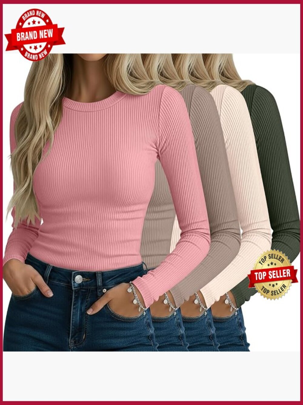 4 Pack Women's Ribbed Long Sleeve Shirts Cotton Crew Neck Slim Fit Tops Stretch